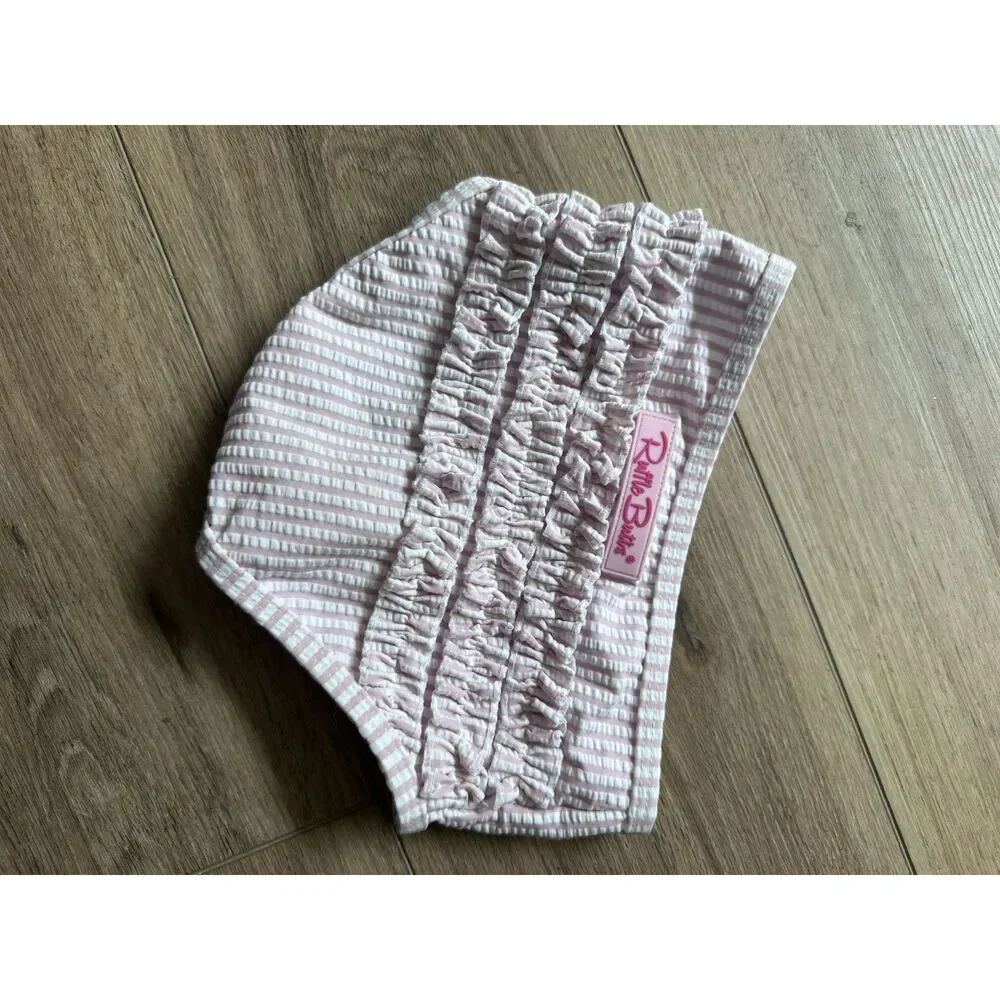 RuffleButts Girls Pink & White Seersucker Striped Ruffle Swim Bottoms Size 2T